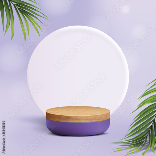 Background for product scene. Wooden and purple product display podium on violet background with leaves for mock-up cosmetic, spa product. 3D Stage showcase on pedestal display studio.