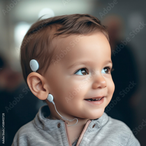 Hearing aid in baby girl's ear. Toddler child wearing a hearing aid at home. Disabled child, disability and deafness concept. generative ai