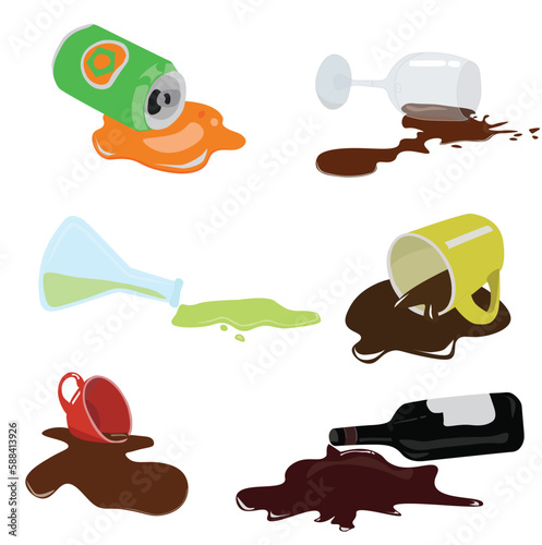 Spilled liquid, spilled bottle, dropped container vector illustration in cartoon style. Flat vector isolated on white background