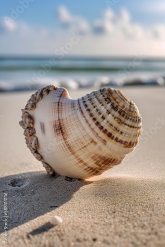 Beautiful heart shaped sea shell on the sandy beach. Selective focus. AI generated