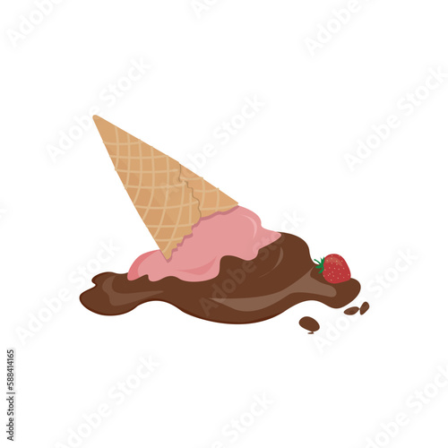 Ice cream in waffle cone vector illustration on white background. Dropped and melted ice cream clipart. Vector of upside down strawberry and chocolate icecream fell on the ground. 3D cartoon style.