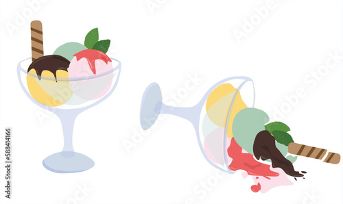 Glass of ice cream vector illustration on white background. Dropped and melted ice cream glass on the floor in cartoon style. Glass of colorful ice cream vector. 3D Style.