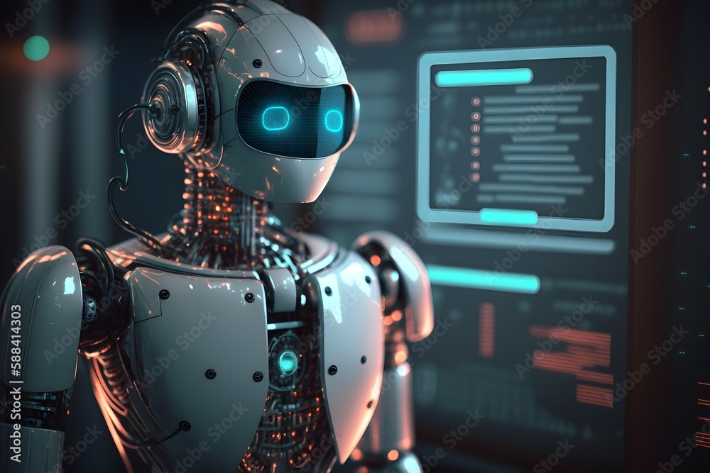 A robot and computer screen, robot controling computer system A robot and computer screen, robot controling computer system