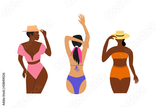 Three young tanned girls in bikini. Black skin and white skin women. Summer time vector concept. Modern trendy fashion template.