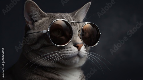 studio shot of cool cat wearing sunglasses on gray background with copy space. Generative Ai.