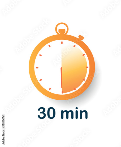 30 minutes clock icon. Half hour, time span and segment on clock. Business and deadline. Limited and special offer, marketing. Poster or banner. Cartoon flat vector illustration