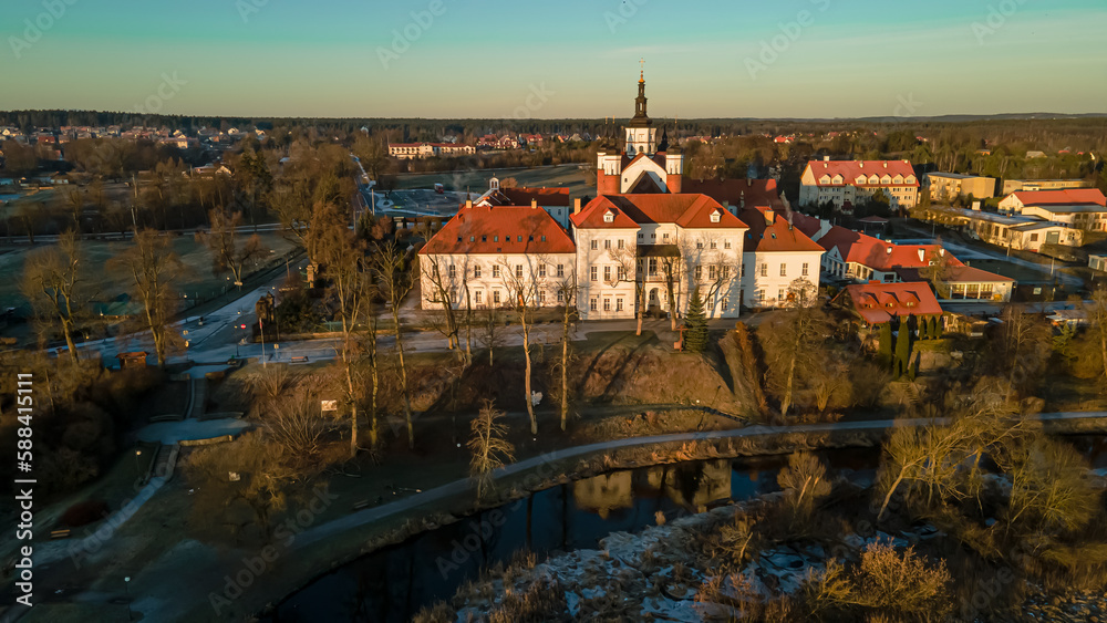Aerial view of the orthodox monastery in Suprasl at sunset.
