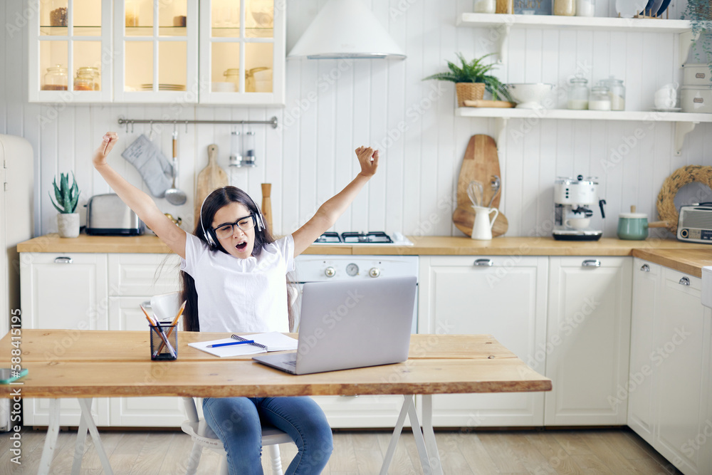 Girl take break during home-schooling at home Girl take break during home-schooling at home