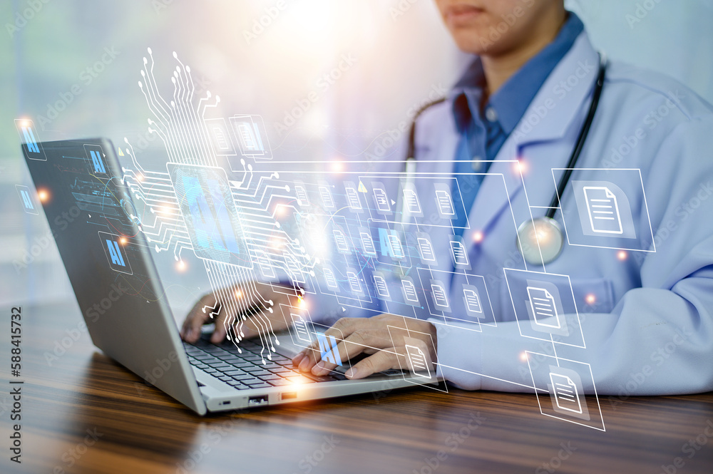 Doctor AI, artificial intelligence in modern medical technology and IOT automation. Doctor using AI document management concept.