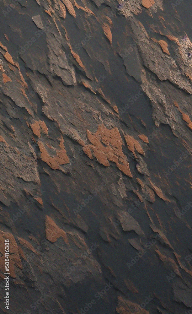 Dark, black, gray and orange rock texture with cracks. Close-up. Rough mountain surface. Stone granite background for design. Nature backdrop.