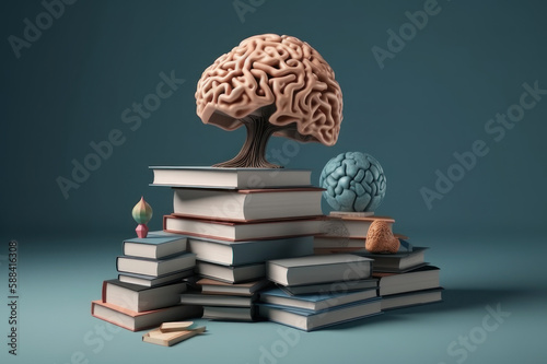 Brain and books on a blue background. AI generative.