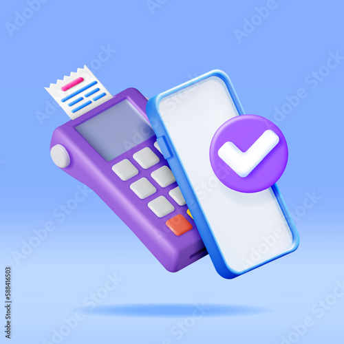 3D Payment Terminal with Smartphone and Receipt. Render Modern POS Bank Payment Device. Payment NFC Keypad Machine. Credit Debit Card Reader. Contactless Payment Transaction Vector illustration