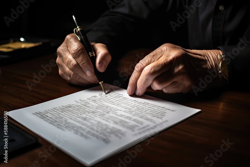 Close-up Of Businessperson Signing Contract, writing paper at the desk with pen and reading books at table with basic business Form document working in office. Generative Ai.