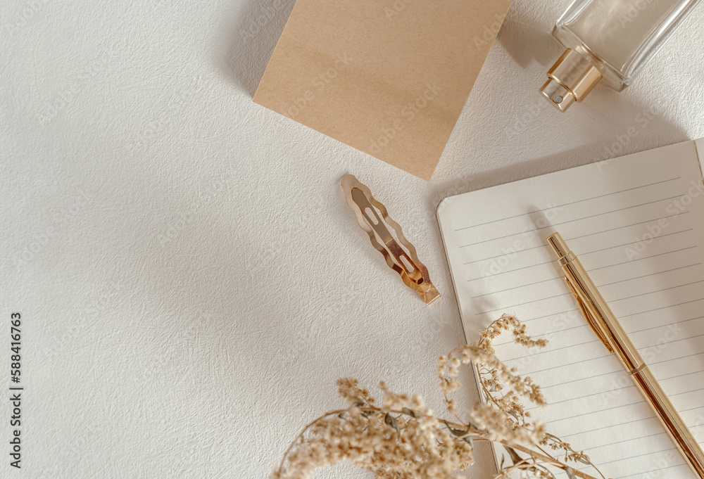 Aesthetic flat lay with notebook, neutral aesthetic, background with