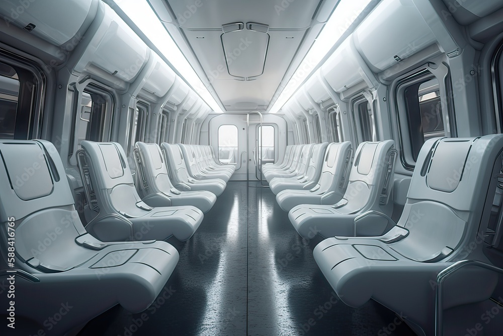 Futuristic Train interior inside view. Futuristic train interior with empty seats. Generative Ai.
