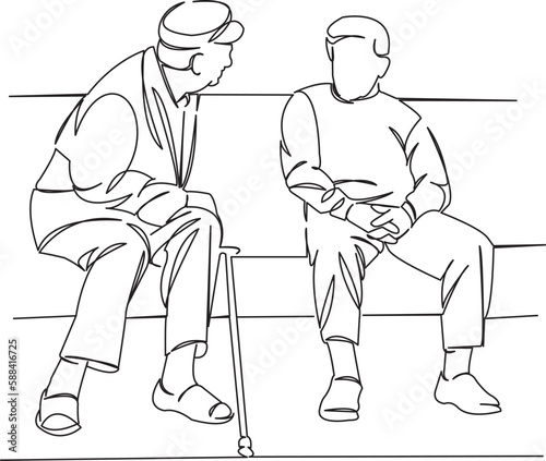 two elderly men are sitting on a bench and talking