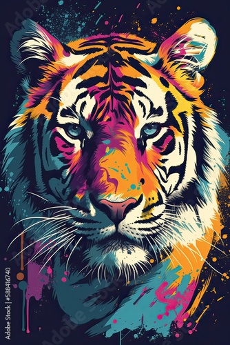 Growling leopard. Abstract  multicolored portrait of a snarling neon leopard on a background. can be used for t-shirt graphics  print. Vector illustration. Generative Ai.