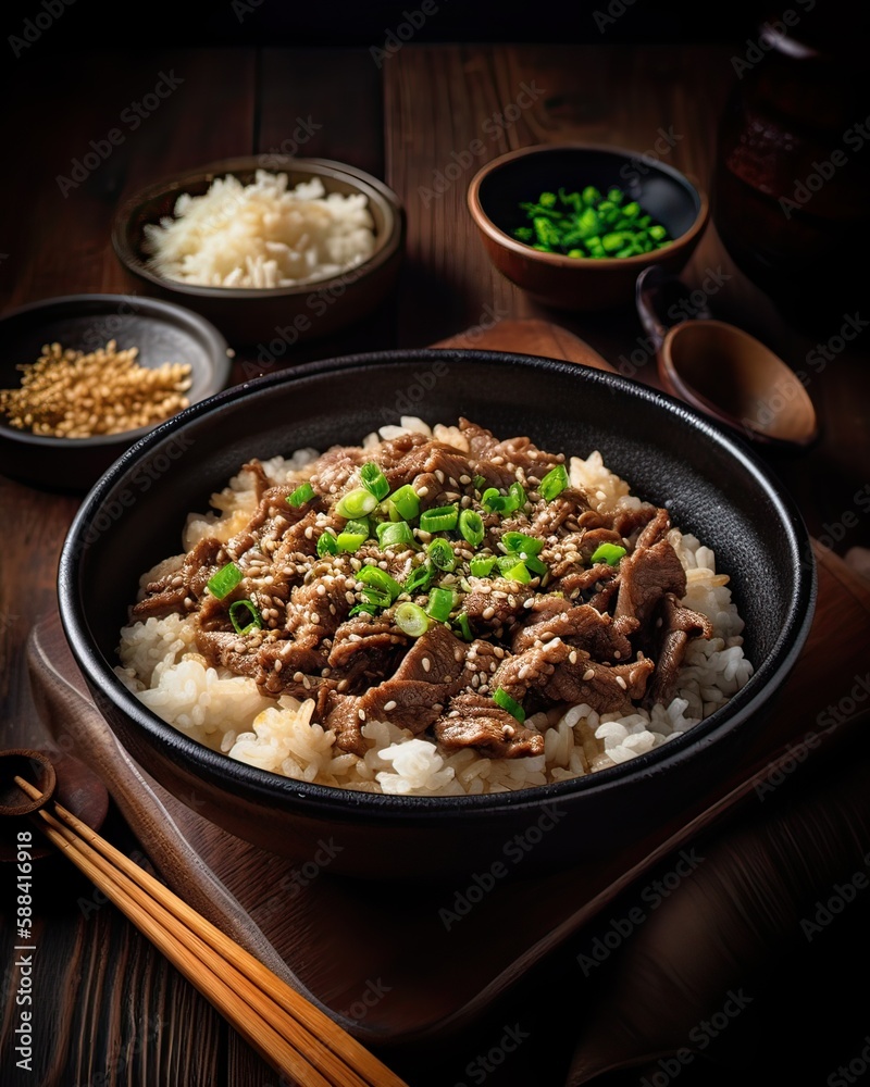 Gyudon - a bowl of rice with sliced beef, onion and sweet sauce. Generative Ai. Gyudon - a bowl of rice with sliced beef, onion and sweet sauce. Generative Ai.