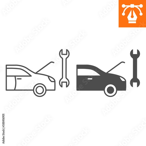 Car repair line and solid icon, outline style icon for web site or mobile app, car service and tool, automotive service vector icon, simple vector illustration, vector graphics with editable strokes.