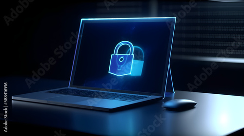 Blue laptop, Shield, Lock, Cybersecurity, Online Security, Computer Security, Information Security, Firewall, Antivirus, Malware Protection, Data Encryption, Secure Connection, Network Security, Ident