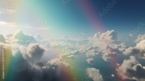 Rainbow in Blue sky with cloud. Beautiful landscape with multi colored with rainbow. Generative Ai.