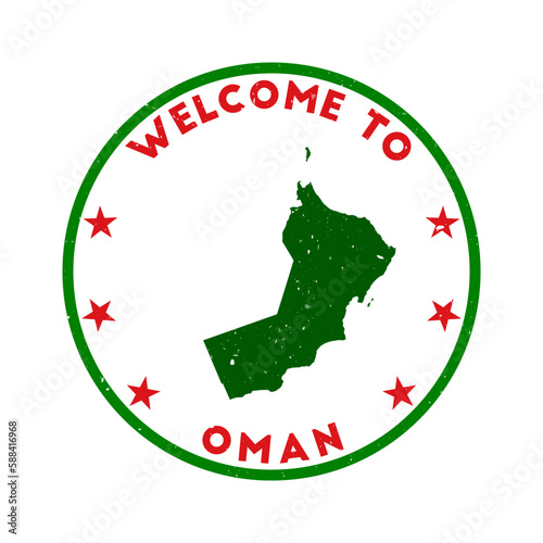 Welcome to Oman stamp. Grunge country round stamp with texture in piercing red color theme. Vintage style geometric Oman seal. Classy vector illustration.