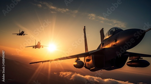 Militar aircraft flying over the clouds in amazing sunset. Generative Ai. photo