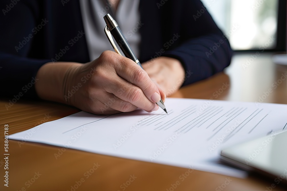 Close-up Of Businessperson Signing Contract, writing paper at the desk with pen and reading books at table with basic business Form document working in office. Generative Ai. Close-up Of Businessperson Signing Contract, writing paper at the desk with pen and reading books at table with basic business Form document working in office. Generative Ai.