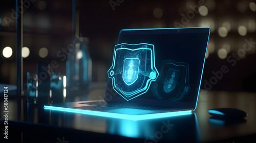 Blue laptop, Shield, Lock, Cybersecurity, Online Security, Computer Security, Information Security, Firewall, Antivirus, Malware Protection, Data Encryption, Secure Connection, Network Security, Ident photo