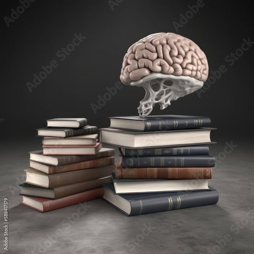 Brain and stacks of books on a gray background. AI generative.