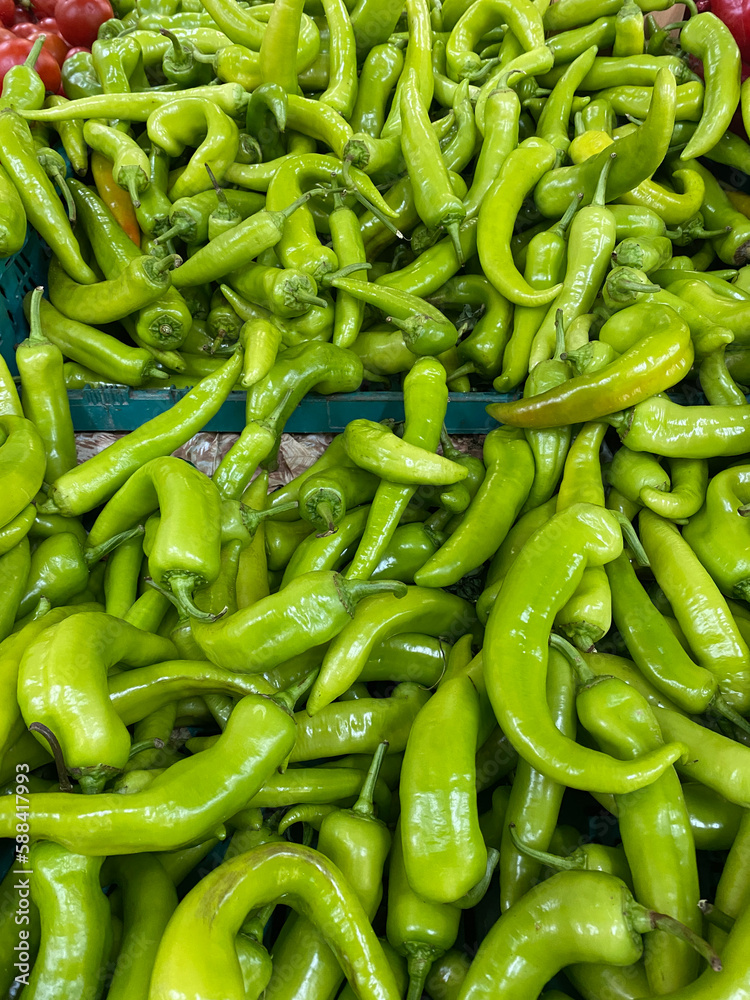 First harvest of the year green village peppers exhibited in the market. First harvest of the year green village peppers exhibited in the market.