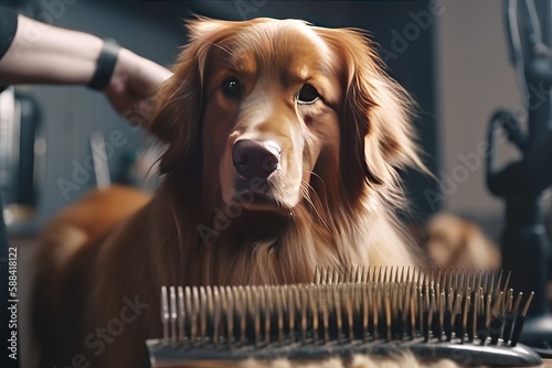 A dedicated dog hairdresser grooming a furry client - Professionalism and care in a pristine salon. AI Generation photo