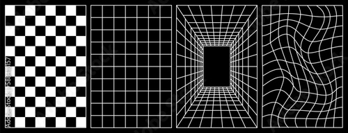 Set of distorted vertical grid pattern and checkerboard pattern. Y2K Retrowave shapes, rave, vaporwave. White trendy shapes. Trendy retro 1980s, 90s, 2000s style. Print, poster, banner.