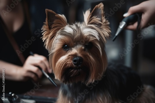 A dedicated dog hairdresser grooming a furry client - Professionalism and care in a pristine salon. AI Generation photo