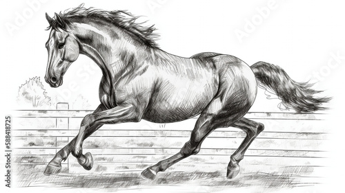 galloping black and white horse with fence in pencil sketch