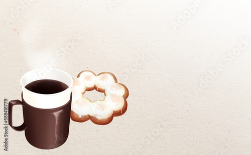 イラスト素材・カップホルダー付き紙コップのホットコーヒー&ドーナッツ 砂目背景 色違い・差分あり