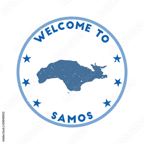 Welcome to Samos stamp. Grunge island round stamp with texture in Wing Commander color theme. Vintage style geometric Samos seal. Charming vector illustration.