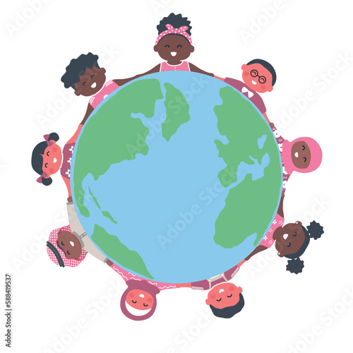Children around the map of world. Multicultural group of kids. Happy baby girls and baby boys. Vector illustration