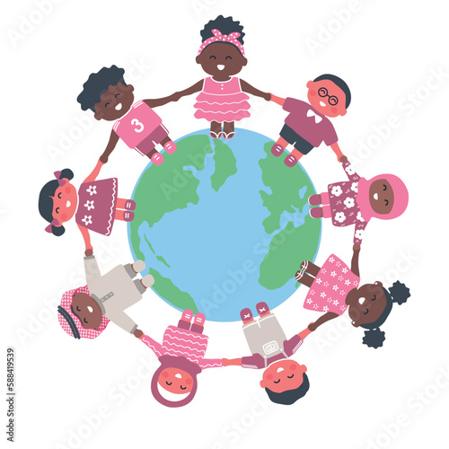 Kids around the planet Earth.  Multicultural group of children holding hands. Happy baby girls and baby boys stand in a circle of the globe. Vector illustration