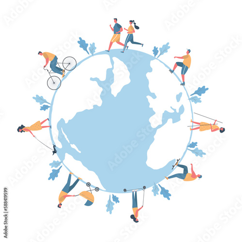 People around the map of world. Healthy lifestyle concept. Men and women are resting: ride a bike, rollerblading, scooter, walk with baby stroller, walk a dog. Flat style. Vector illustration photo