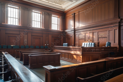 Courtroom interior. Empty Courthouse interior. Law and Justice concept. High quality generative ai
