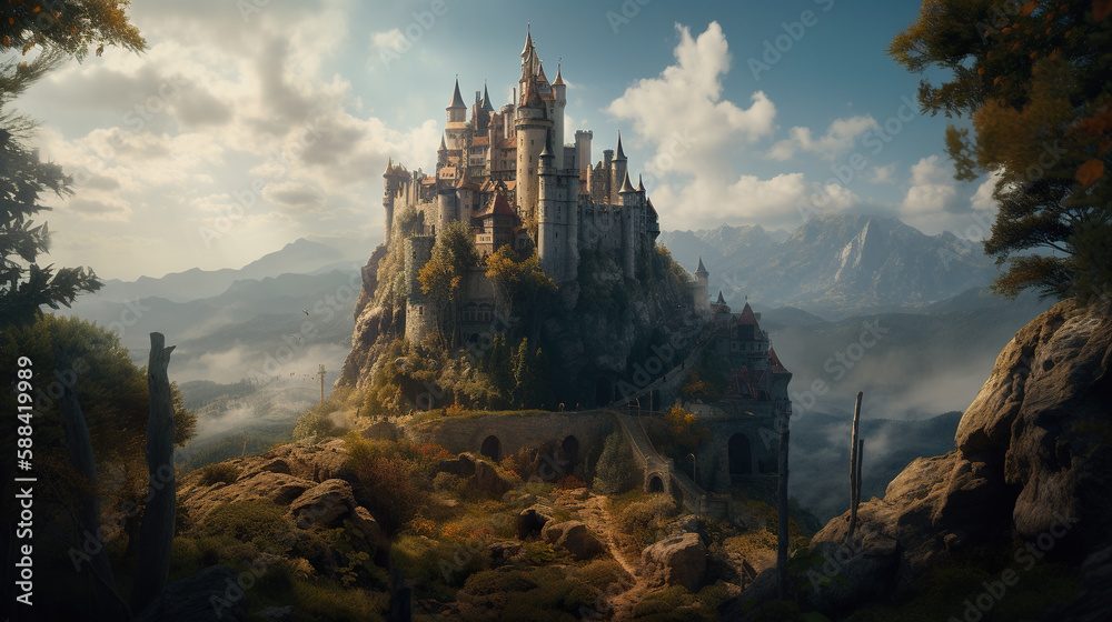 Magic Fairy Tale Castle in the mountains. Fantasy landscape. Generative AI