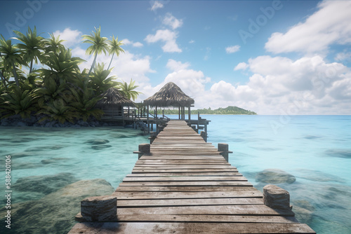 tropical island with wooden jetty and palm trees - Generative AI