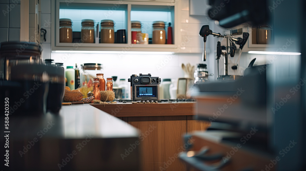 Modern kitchen interior. Coffee machine and cup of coffee on table. Generative AI Modern kitchen interior. Coffee machine and cup of coffee on table. Generative AI