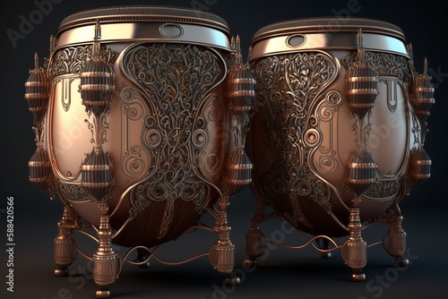 The timpani drums with beautiful fine details are carved from precious metal and beautifully frescoed against a dark background. ai generation photo