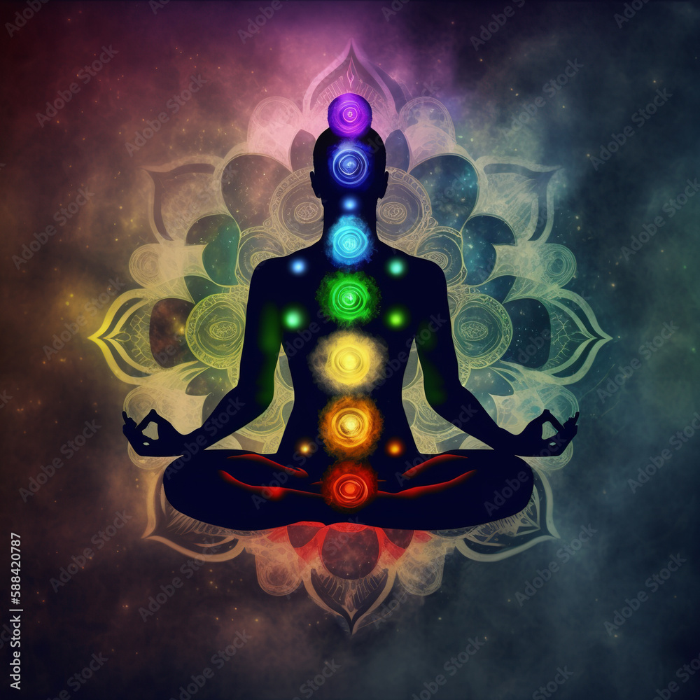 Human and energy body silhouette, human chakra system, Astral body, Esoteric, spiritual life and meditation concept, connection with other worlds. Generative ai