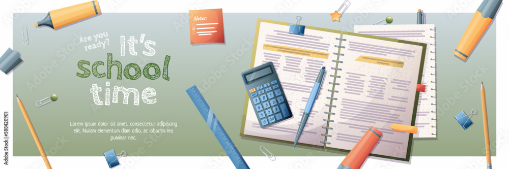 Horizontal banner back to school with school subjects and elements. Education, knowledge, learning. Background with textbooks, notebooks and stationery. Horizontal banner back to school with school subjects and elements. Education, knowledge, learning. Background with textbooks, notebooks and stationery.