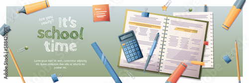 Horizontal banner back to school with school subjects and elements. Education, knowledge, learning. Background with textbooks, notebooks and stationery.