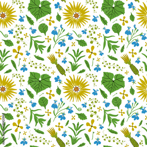 Summer garden seamless pattern with different flowers and plants. Kitchen garden background, wallpaper. Great for wrapping paper, textile, stationery design. Vector illustration.