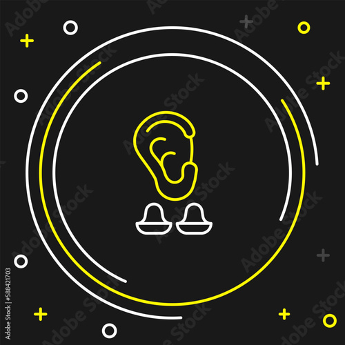 Line Earplugs and ear icon isolated on black background. Ear plug sign. Noise symbol. Sleeping quality concept. Colorful outline concept. Vector